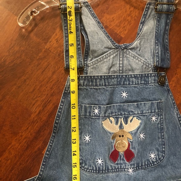 Christmas Jean Overalls Reindeer overalls blue denim cut offs Ladies medium - Picture 14 of 15